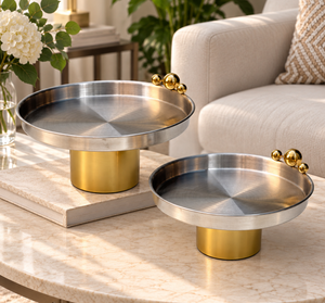 Modern Set of 2 Pastry Serveware Stainless Steel Cake Stand Beaded Design Set Round Gold Base with Decorative Look for Home Bake - Product Image 2