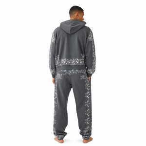 Men's Grey Paisley <b>Print</b> Hooded Tracksuit Full Length Zipper Sweatshirt And Pants Set Casual Autumn Wear - Product Image 2