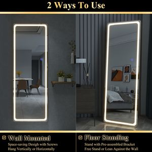 LED Aluminum Alloy Frameless Rectangular <b>White</b> <b>Full</b>-<b>Length</b> Vanity <b>Mirror</b> 63 16 1 Inch Stand for Bathroom Living/Dressing Room - Product Image 2