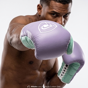 Dumela Purple and Mint Leather Boxing Gloves with <b>White</b> <b>Laces</b> and Logo Design - Product Image 3
