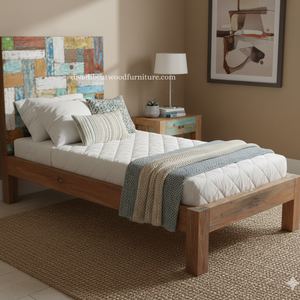 Cama Individual de Madera de Barco Reciclada con Cabecero, Diseño Patchwork, Color Original, Mueble Sostenible Hecho a Mano para Dormitorio - Product Image 3