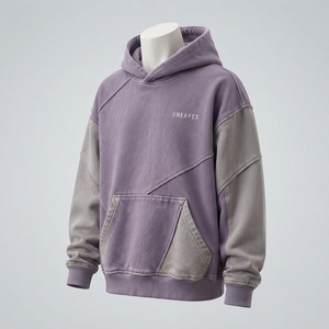 เสื้อฮู้ดดี้โอเวอร์ไซส์สีลาเวนเดอร์แบบคัลเลอร์บล็อกสำหรับผู้ชาย  แบบสองสี  ทรงโค้ง  มีกระเป๋าจิงโจ้ - Product Image 3