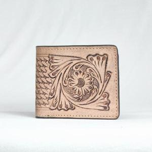 Portefeuille en cuir véritable fait main avec motif de fleurs en relief, style vintage, fermeture pliante, portefeuille court pour homme, usage quotidien - Product Image 1