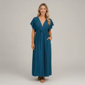 Blue <b>boho</b> maxi <b>dress</b> for women deep V neckline flutter sleeve button down front flowy long <b>summer</b> outfit <b>dress</b> - Product Image 1