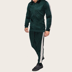 Men's Dark Green Velvet Durable Tracksuit <b>Hooded</b> Full <b>Zip</b> Solid Color Casual Sportswear Side Pockets Midweight Winter Wear - Product Image 1