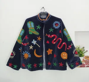 Veste bohème en velours bleu <span class=keywords><strong>marine</strong></span> brodée Suzani pour <span class=keywords><strong>femme</strong></span>, col montant, faite à la main, art populaire coloré, manteau d'automne pour <span class=keywords><strong>femme</strong></span> - Product Image 3