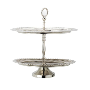 Support à gâteau décoratif à 2 niveaux en métal argenté, prix de gros, parfait pour les mariages et toutes les occasions. - Product Image 1