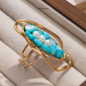 Rose Gold Plated Turquoise Pearl Natural Stone Cocktail <b>Ring</b> <b>Open</b> Band for Women Wedding & Party Gift - Product Image 6