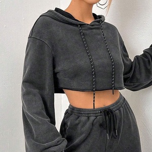 Women's Washed Black Cropped Hoodie Autumn Winter Eco-Friendly Casual Jersey Fabric V-neck Long Sleeve Drawstring Sweatshirt Top - Product Image 1