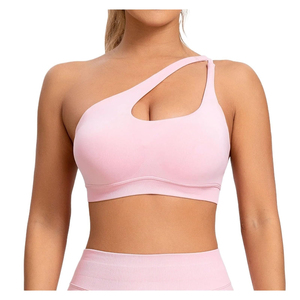 Soutien-gorge de sport asymétrique rose clair pour femme, sans armatures, sans coutures, avec bonnets profilés - Product Image 1