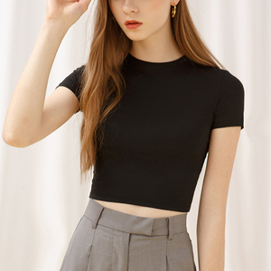 เสื้อยืดครอปเข้ารูปสำหรับผู้หญิงเสื้อครอปผ้าคอตตอนโพลีเอสเตอร์สีพื้นสำหรับฤดูร้อน - Product Image 5