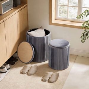 Round Ottoman Set of 2 with Reversible Seat Upholstered Vanity <b>Stool</b> Comfortable Footrest <b>Storage</b> for Living Room and Bedroom - Product Image 4