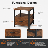 Table de chevet rustique en bois grainé avec tiroir et étagère ouverte, structure métallique – Fournisseur OEM/ODM de meubles de chambre à coucher