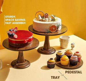 Support à gâteau rond en bois écologique décoratif, 2 pièces, finition artistique faite à la main, présentoir à dessert, piédestal, centre de table de mariage - Product Image 2
