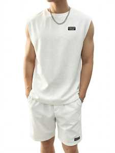 Ensemble T-shirt sans manches et short pour homme ONETEN, blanc uni, décontracté, été, col rond, tenue 2 pièces - Product Image 4