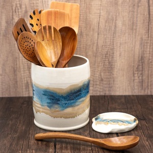 Handcrafted Stoneware <b>Utensil</b> <b>Holder</b> Ocean Glaze Finish Heavy Gauge Heat Safe Wide Mouth <b>Kitchen</b> Countertop Storage Organizer - Product Image 3