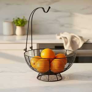 Panier à fruits minimaliste en fil métallique avec poignée pour usage domestique, design durable, bol de service moderne pour fruits et collations - Product Image 3