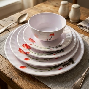 Pigmented <b>Melamine</b> Dinnerware Set with Red Floral Design Asian Zen Style Dishwasher Safe Deep Plates <b>Bowl</b> Party - Product Image 2