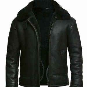 Men Genuine Leather <b>Sherpa</b> <b>Lined</b> Moto Jacket Zipper Closure Windproof Winter Outerwear Regular Fit - Product Image 4