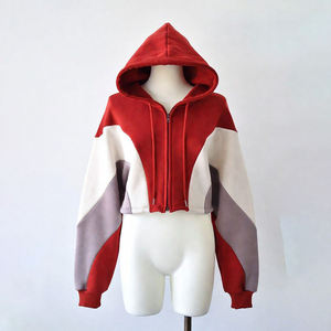 Women's <b>Cropped</b> Color Block <b>Zip</b> <b>Up</b> Hoodie Oversized Long Sleeve Fleece Hooded Sweatshirt Casual Streetwear Jacket - Product Image 6