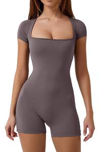 Women's High Waist Square Neck Short Sleeve Jumpsuit Solid Color Spandex Polyester Tummy Control <b>Shapewear</b> Skinny Fit Street - Product Image 2
