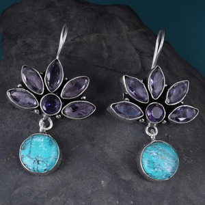 Pendientes de Aro Turquesa Estilo Bohemio Tribal de Moda al por Mayor |   Proveedor de Joyería de Plata Oxidada con Diseño de Flores Étnicas - Product Image 5