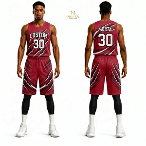Conjunto Deportivo de Baloncesto con Patrón de Ondas Rojas y Blancas, Sublimado, Tejido Transpirable de Alto Rendimiento, Ropa de Entrenamiento Profesional para Hombre - Product Image 1