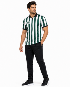 Men Green White Striped Referee Polo <b>Shirt</b> Black Collar Button Placket Short Sleeve Professional Football Officials Game Jersey - Product Image 4