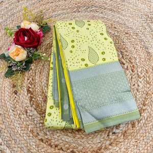 ATRACTIVE LICHI SEDA JACQUARD WORK SAREE CON BLUSA DESCOSADA AMARILLO - Product Image 1