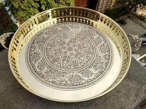 Round Gold Serving <b>Tray</b> with Handles Decorative Engraved Metal Tea Coffee <b>Snack</b> Serving Platter for Home Dining - Product Image 2