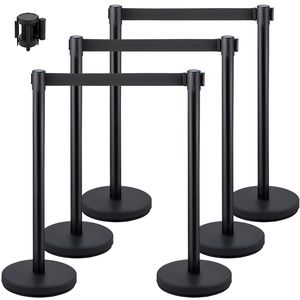 Lot de 6 tourniquets de contrôle des foules à base solide 3PCS 6.6FT Noir Ceinture Rétractable Barrières Ligne Diviseur Stanchion Set - Product Image 1