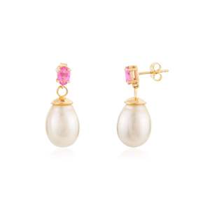 18K Gold Pearl Drop <b>Earrings</b> with Prong Set Pink Sapphire - Product Image 5