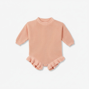 Ropa de punto para bebés y niñas, ODM y OEM, Vietnam, mono con volantes, color sólido, invierno, 100% algodón, con botones - Product Image 1
