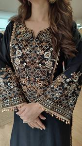 Costume Anarkali brodé noir pour femmes, coupe ample, en coton, vêtements décontractés, longueur cheville, style ethnique indien pakistanais - Product Image 6