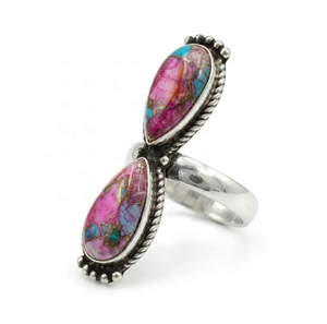 Bague en gros en cuivre rose avec double pierre turquoise en forme de goutte, bague statement bohème vintage plaquée argent pour femme - Product Image 4