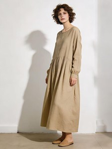 Women Vintage <b>Boho</b> Plain Maxi <b>Dress</b> <b>Long</b> Sleeve Loose Fit Cotton Linen Plain O-Neck Summer Beach <b>Dress</b> - Product Image 3