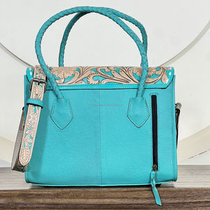 Sac à main en cuir de vachette véritable de haute qualité, turquoise, avec des détails en cuir travaillé, pour femmes, sac à bandoulière, sac fourre-tout, sac à main - Product Image 6