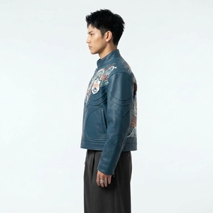 Blouson aviateur en cuir véritable bleu, col mandarin, dragon brodé à la main, style chinois, fermeture éclair sur le devant - Product Image 4
