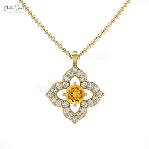 Latest Design Handcrafted 14k <b>Solid</b> <b>Gold</b> Floral <b>Pendant</b> Prong Set 3mm Citrine Gemstone & Diamond Minimalist Necklace for Women - Product Image 3