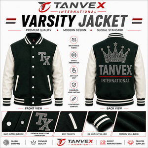 TANVEX INTERNATIONAL Men's Varsity <b>Jacket</b> Wool Polyester Blend Snap Button Closure <b>Rhinestone</b> Embroidery Preppy Style - Product Image 1