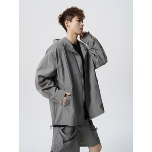 Men's Hooded Windbreaker <b>Jacket</b> Gray Polyester Zipper Closure Streetwear Loose Fit Spring Outdoor Wear - Product Image 2