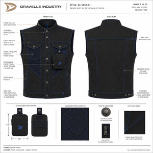 Cobalt Stitching & Detachable Pouch Black Denim <b>Vest</b> Custom Men's Jacquard Woven <b>Vest</b> Premium <b>Utility</b> Gear - Product Image 6