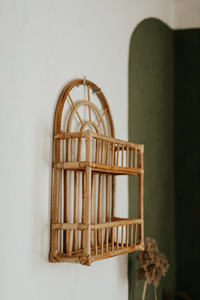 Estante de pared de ratán Natural Arch, estantería flotante de bambú Sunburst de 2 niveles, estanterías flotantes pequeñas para dormitorio, cesta de juguetes para niños, decorativa - Product Image 2