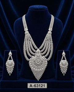 Ensemble de bijoux de mariée de luxe plaqué or 24 carats avec zircon, collier et boucles d'oreilles tendance et traditionnels A-63118 - Product Image 4