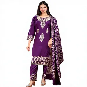 Conjunto de Salwar Kameez Morado Bordado, Vestido Islámico de Manga Larga para Uso Diario - Product Image 1