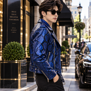 Mens Royal Blue <b>Snakeskin</b> Embossed Genuine Leather Biker <b>Jacket</b> | Luxury Winter Motorcycle <b>Jacket</b> | Breathable Fashion <b>Jacket</b> - Product Image 2