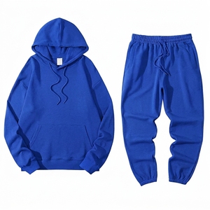 Unisex <b>Navy</b> Hooded Sweatshirt And Joggers Set Solid Color Casual Loose Fit Full Length 100% Cotton Autumn Wear - Product Image 5