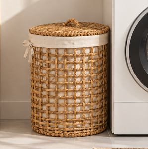 Round Rattan <b>Laundry</b> Basket with Lid and Liner Bohemian Style <b>Storage</b> Basket for Clothing in <b>Laundry</b> Room Home <b>Organization</b> - Product Image 1