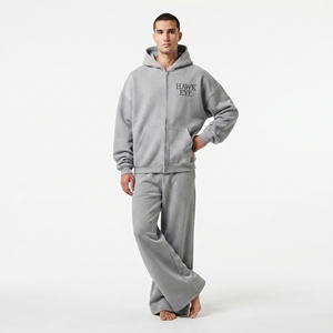 Relaxed Fit Cotton Fleece Tracksuit Custom Logo Two Piece Set <b>Full</b> <b>Zip</b> <b>Hoodie</b> Wide Leg Pant For Men - Product Image 2