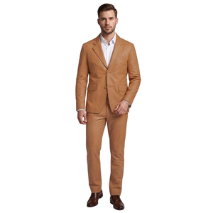Conjunto de traje de cuero color canela para hombre, blazer de solapa con muescas y pantalones, conjunto de dos piezas para negocios - Product Image 1
